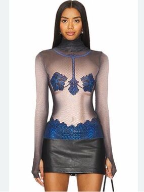 AFRM Sheer Black Mesh Long-Sleeve Top with Blue Floral Appliqué
